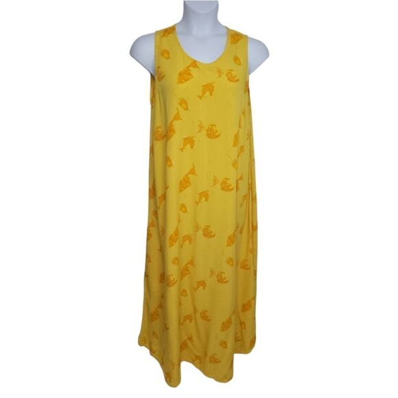 VINTAGE 90s yellow dress fish‎ print sleeveless maxi swim coverup M - Picture 1 of 7